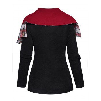 Long Sleeve Scoop Neck Solid Color Knit Top With Plaid Print Scarf 