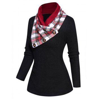 Long Sleeve Scoop Neck Solid Color Knit Top With Plaid Print Scarf 