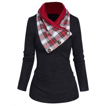 

Long Sleeve Scoop Neck Solid Color Knit Top With Plaid Print Scarf, Black