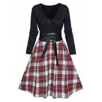 

Plaid Print Belted Mini Dress V Neck Long Sleeve High Waist Dress, Black