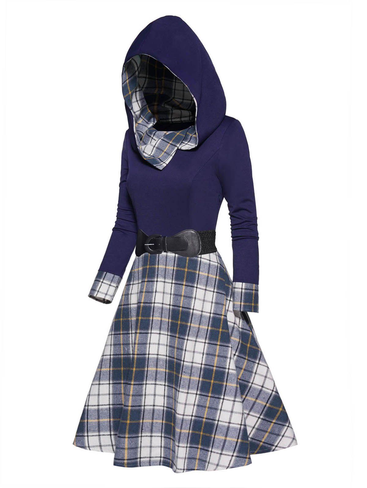Houndstooth Plaid Print Panel Hooded Dress Belted High Waisted Long Sleeve A Line Mini Dress - DEEP BLUE L
