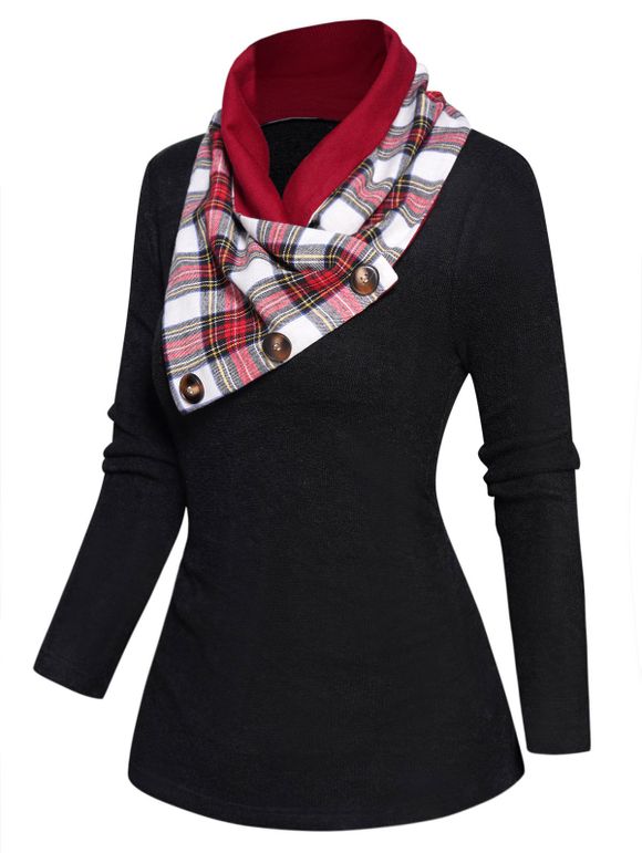 Haut Tricoté à Carreaux en Couleur Unie à Manches Longues avec Echarpe - Noir XL