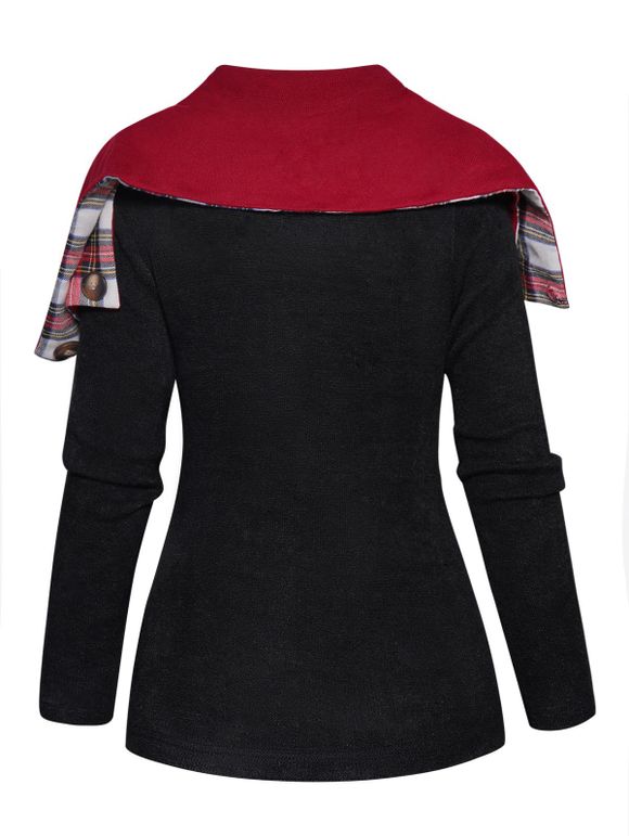 Haut Tricoté à Carreaux en Couleur Unie à Manches Longues avec Echarpe - Noir XL