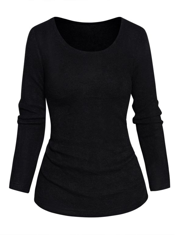 Haut Tricoté à Carreaux en Couleur Unie à Manches Longues avec Echarpe - Noir XL