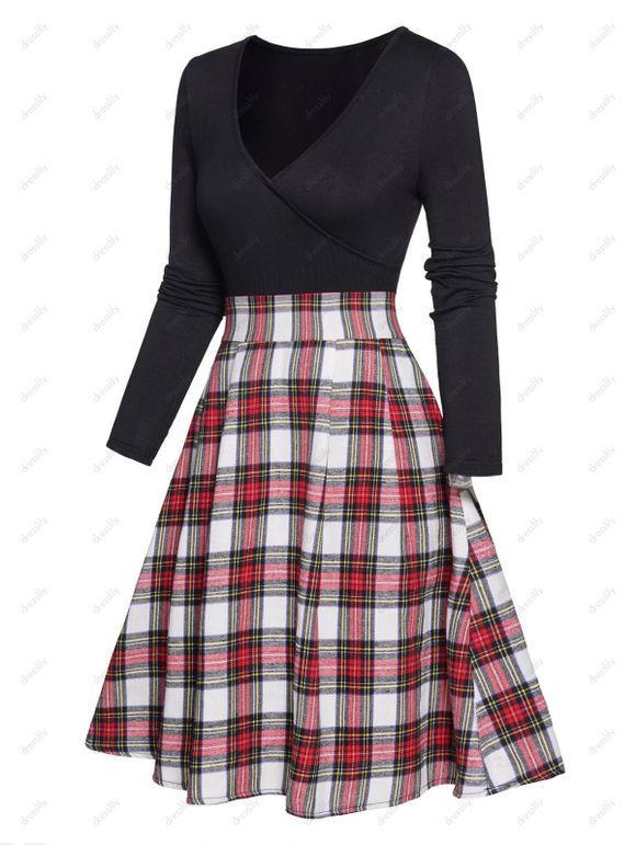 Mini Robe Ceinturée à Carreaux Imprimé Manches Longues à Taille Haute à Col V - Noir S