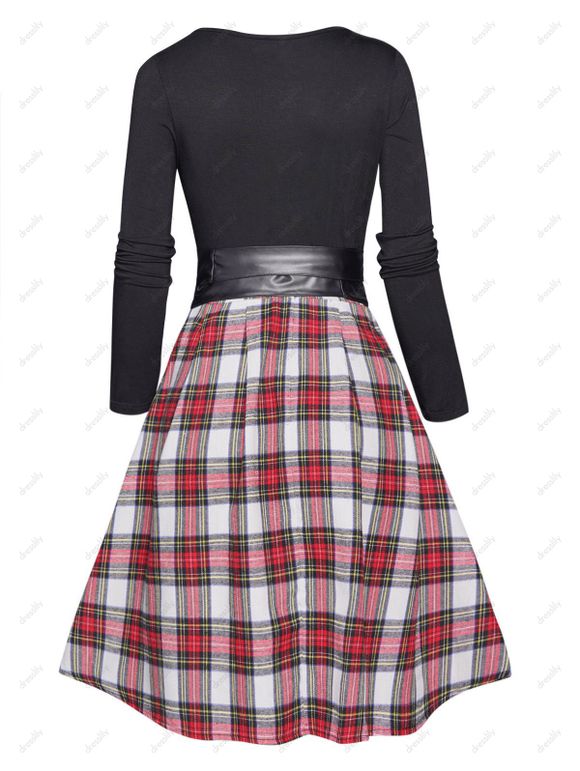 Mini Robe Ceinturée à Carreaux Imprimé Manches Longues à Taille Haute à Col V - Noir S