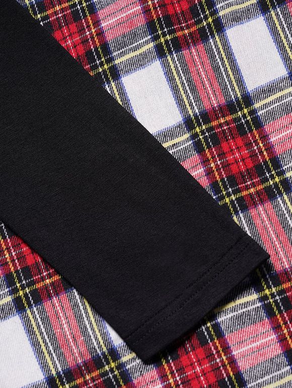 Mini Robe Ceinturée à Carreaux Imprimé Manches Longues à Taille Haute à Col V - Noir S