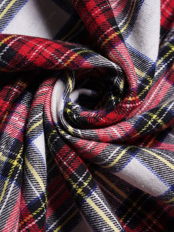 Mini Robe Ceinturée à Carreaux Imprimé Manches Longues à Taille Haute à Col V - Noir S