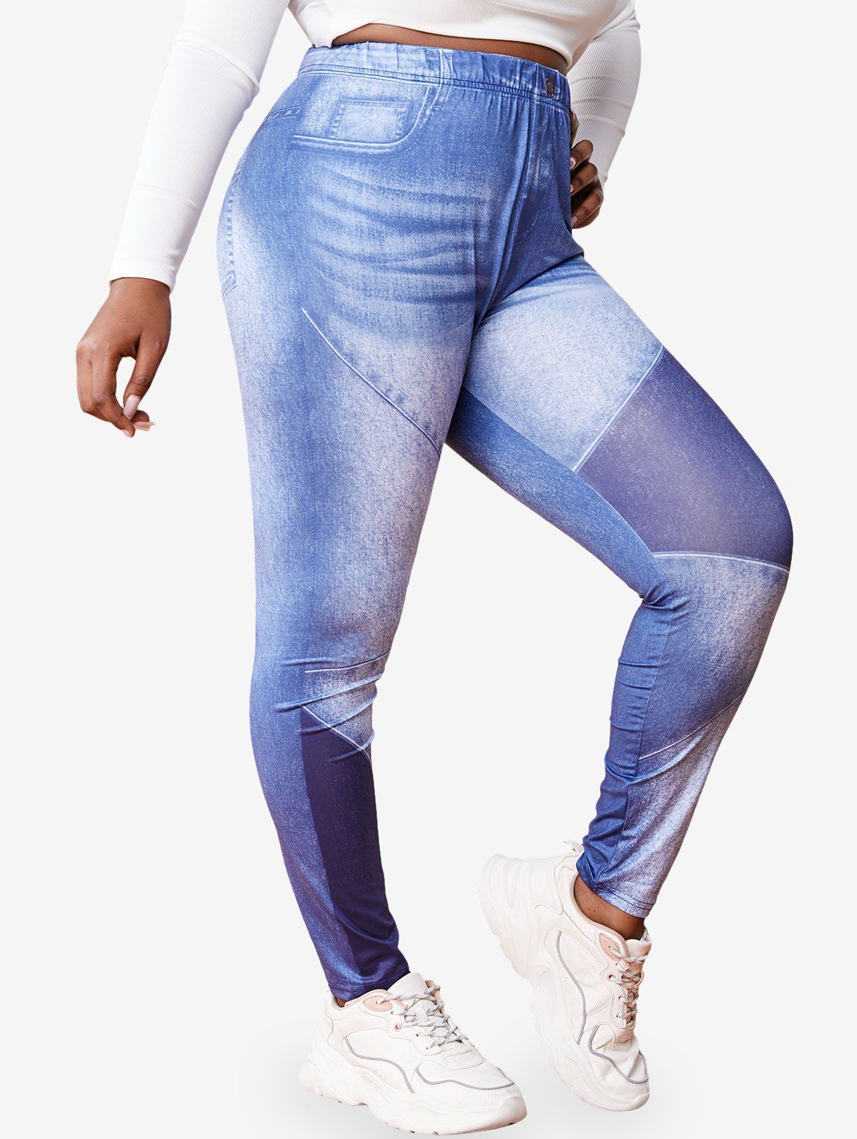 Legging Moulant Imprimé 3D Jean en Blocs de Couleurs à Taille Haute de Grande Taille - Bleu 5X