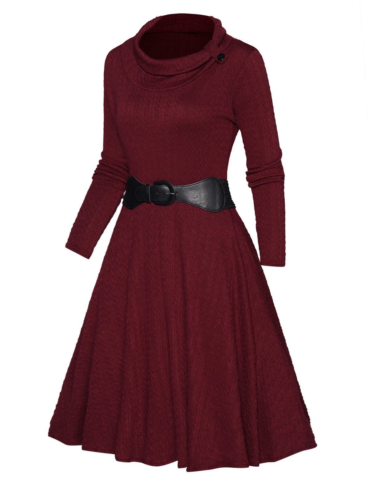 Plain Color Textured Dress High Neck Belted High Waisted Long Sleeve A Line Mini Dress - DEEP RED 2XL