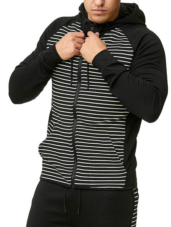 Striped Pattern Hoodie Textured Zip Up Drawstring Pockets Long Sleeve Sweatshirt With Hood - BLACK XXL