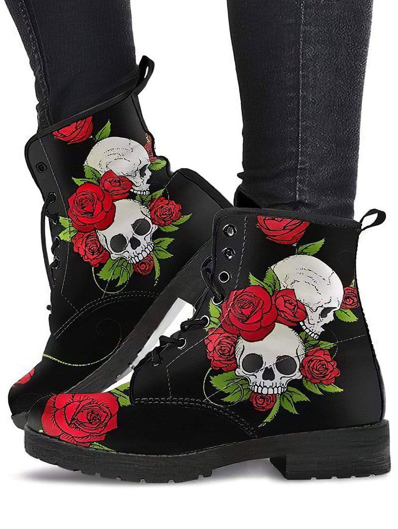 Gothic Boots Skull Flower Pattern Lace Up Thick Heels Matin Boots - Noir EU 35