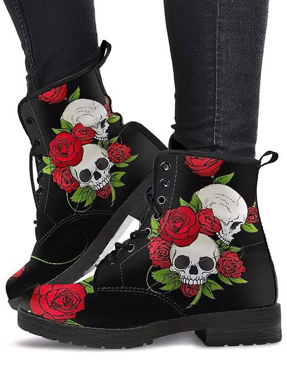 Gothic Boots Skull Flower Pattern Lace Up Thick Heels Matin Boots - Noir EU 39