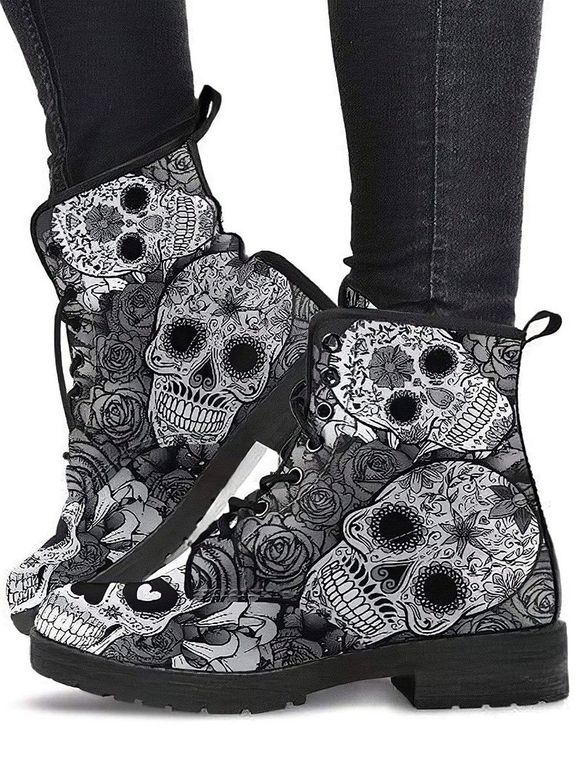 Gothic Boots Skull Flower Pattern Lace Up Thick Heels Matin Boots - Gris EU 35