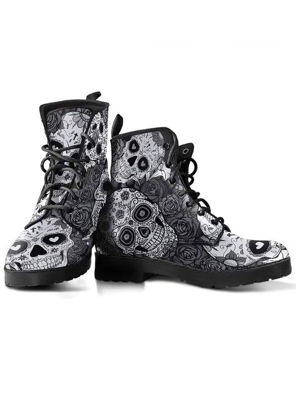 Gothic Boots Skull Flower Pattern Lace Up Thick Heels Matin Boots - Gris EU 35