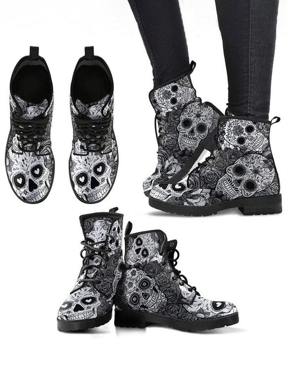 Gothic Boots Skull Flower Pattern Lace Up Thick Heels Matin Boots - Gris EU 35