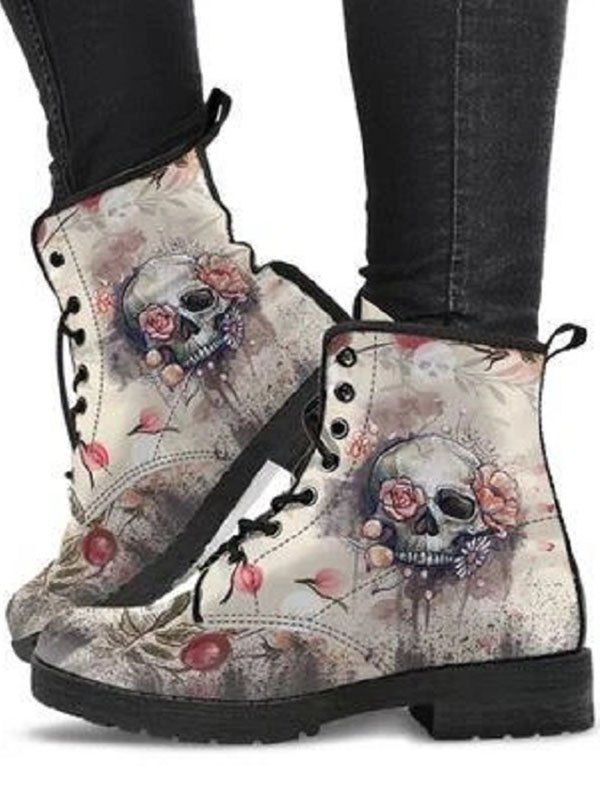 Gothic Boots Skull Flower Pattern Lace Up Thick Heels Matin Boots - Blanc EU 42