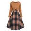 Ensemble de Haut Court Vintage Croisé en Tricot à Câble et de Mini Robe à Carreaux à Taille Haute Deux Pièces - café S