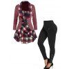 Plus Size Colorblock Plaid Print Panel Heathered Overlay Full Sleeve Long T Shirt And High Waist Snap Buttons Skinny Pants Outfit - multicolor L