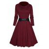 Plain Color Textured Dress High Neck Belted High Waisted Long Sleeve A Line Mini Dress - DEEP RED S