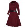 Plain Color Textured Dress High Neck Belted High Waisted Long Sleeve A Line Mini Dress - DEEP RED S