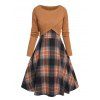 Ensemble de Haut Court Vintage Croisé en Tricot à Câble et de Mini Robe à Carreaux à Taille Haute Deux Pièces - café S