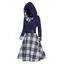 Houndstooth Plaid Print Panel Hooded Dress Belted High Waisted Long Sleeve A Line Mini Dress - DEEP BLUE XL