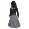 Houndstooth Plaid Print Panel Hooded Dress Belted High Waisted Long Sleeve A Line Mini Dress - BLACK M