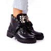 Faux Pearl Rhinestone Lace Up Chunky Heel Matin Boots - Noir EU 36