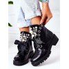Faux Pearl Rhinestone Lace Up Chunky Heel Matin Boots - Noir EU 42