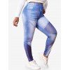 Legging Moulant Imprimé 3D Jean en Blocs de Couleurs à Taille Haute de Grande Taille - Bleu 5X