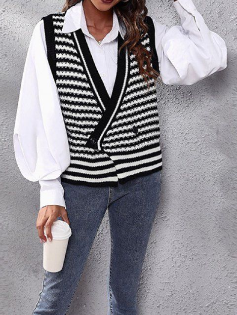 Contrasting Stripe Sweater Vest Plunging Neck Ribbed Trim Dual Buttons Sweater Vest