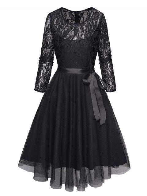 Printed Lace Panel Party Dress Mesh Overlay Belted Plain Color Long Sleeve A Line Midi Dress