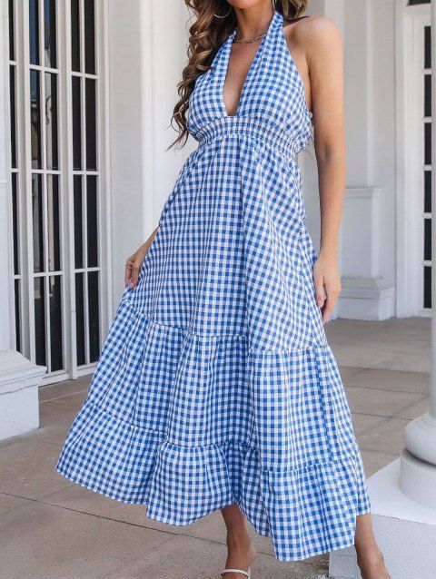 Plaid Print Halter Dress Plunging Neck High Waisted Tied Open Back A Line Maxi Dress
