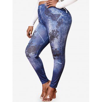 

Plus Size Flowers 3D Print Skinny Jeggings, Deep blue