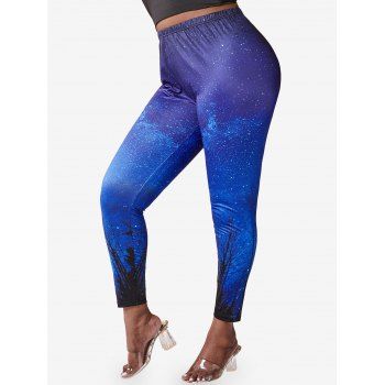 

Plus Size 3D Galaxy Tree Print Leggings, Blue