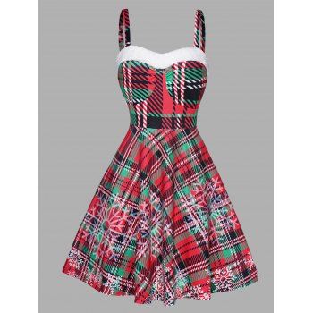 

Christmas Snowflake Plaid Print Dress Faux Fur Panel Sweetheart Neck Sleeveless Mini A Line Dress, Red