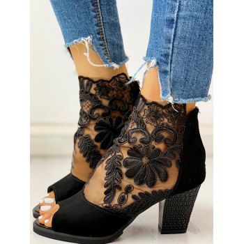 

See Thru Mesh Embroidery Flower Leave Sandals Zipper Thick Heels Sandals, Black