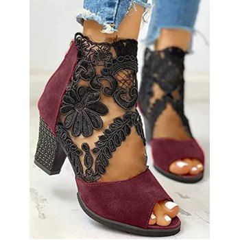 

See Thru Mesh Embroidery Flower Leave Sandals Zipper Thick Heels Sandals, Red