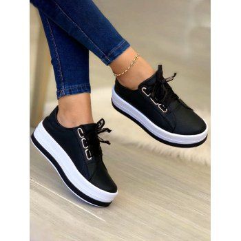 

Two Tone Color Thick Platform Lace Up Casual Shoes, Black