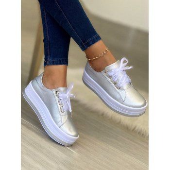 

Two Tone Color Thick Platform Lace Up Casual Shoes, White