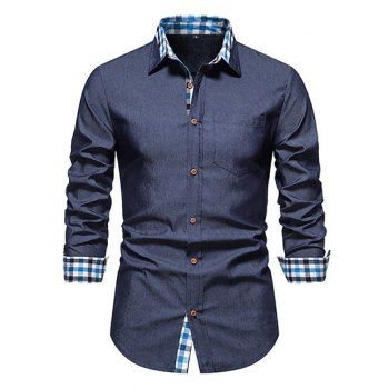 

Plaid Print Long Sleeve Shirt Button Down Turn Down Chambray Shirt, Deep blue