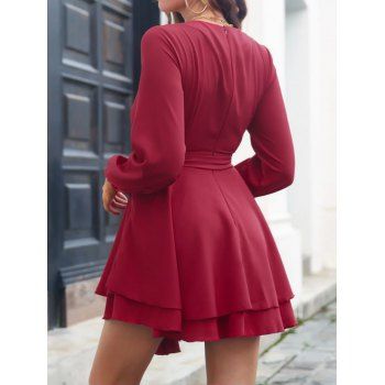 Irregular Layered Hem Belted Party Mini Dress Plain Color Plunging Neck Long Sleeve Dress