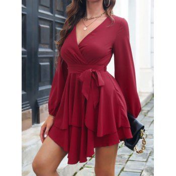 

Irregular Layered Hem Belted Party Mini Dress Plain Color Plunging Neck Long Sleeve Dress, Deep red