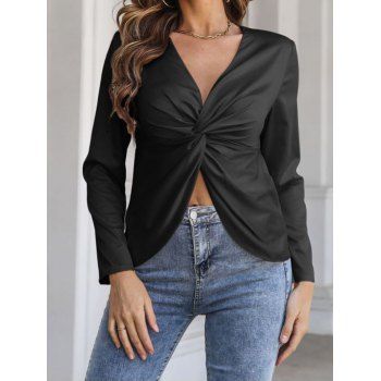 

Twisted Ruched Top Plain Color Plunging Neck Asymmetrical Hem Long Sleeve Top, Black