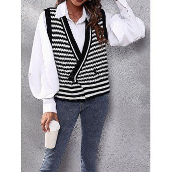 

Contrasting Stripe Sweater Vest Plunging Neck Ribbed Trim Dual Buttons Sweater Vest, Black