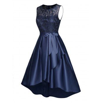 

See Thru Lace Panel Party Dress Belted High Waisted High Low Midi Prom Dress, Deep blue