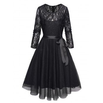 

Printed Lace Panel Party Dress Mesh Overlay Belted Plain Color Long Sleeve A Line Midi Dress, Black