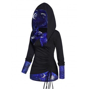 

Sun Star Moon Print Top Hooded Top Foldover Cinched Long Sleeve Top, Black