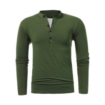 

Plain Color T Shirt Half Button Stand Collar Long Sleeve Casual Tee, Deep green